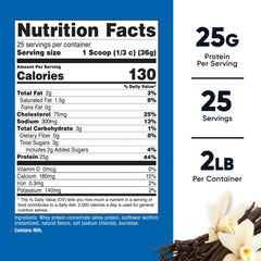 Nutricost Vanilla Whey protein bottle beside glass for convenient daily use.