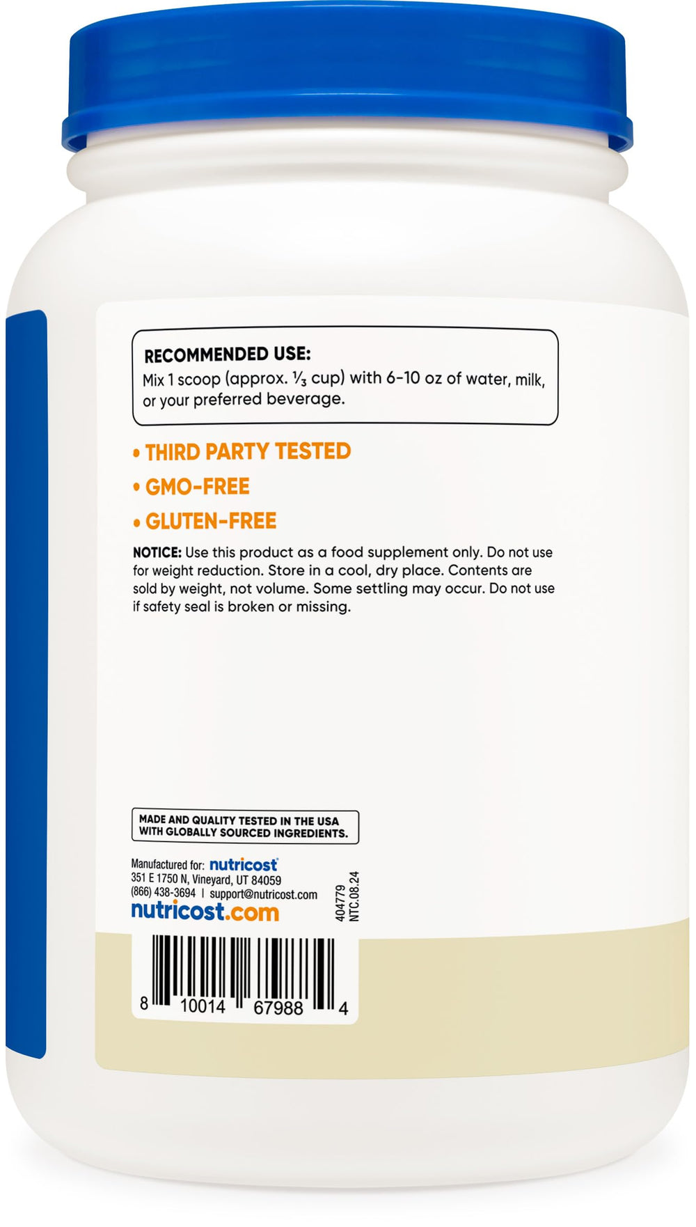 Nutricost Vanilla Whey protein scoop over container showing 25 g per serving.