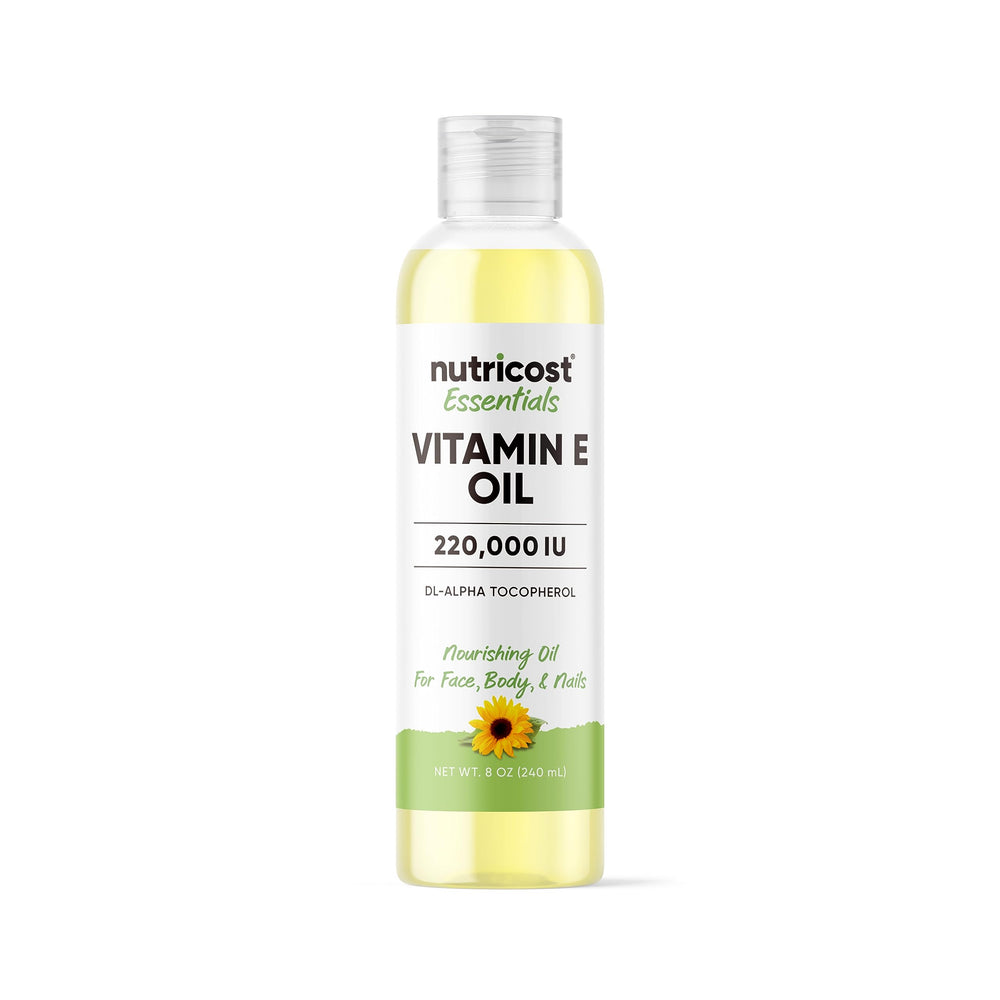 Nutricost Vitamin E Oil 8 oz bottle for skin, hair, and nails.