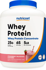 Nutricost Whey Concentrate Strawberry Milkshake bottle highlights high-protein nutrition for workouts.