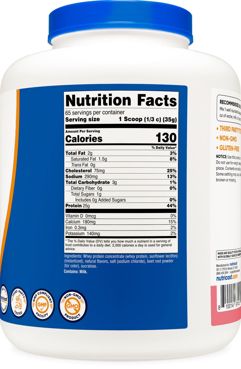 Nutricost Whey Concentrate Strawberry Milkshake label emphasizes gluten-free and GMO-free ingredients.