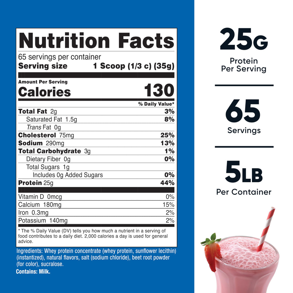 Nutricost Whey Concentrate Strawberry Milkshake pour shows quick post-workout nutrition with strawberry flavor.
