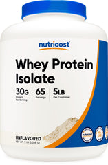 Nutricost Whey Isolate Unflavored 5lb bottle showing clean, neutral protein for versatile use