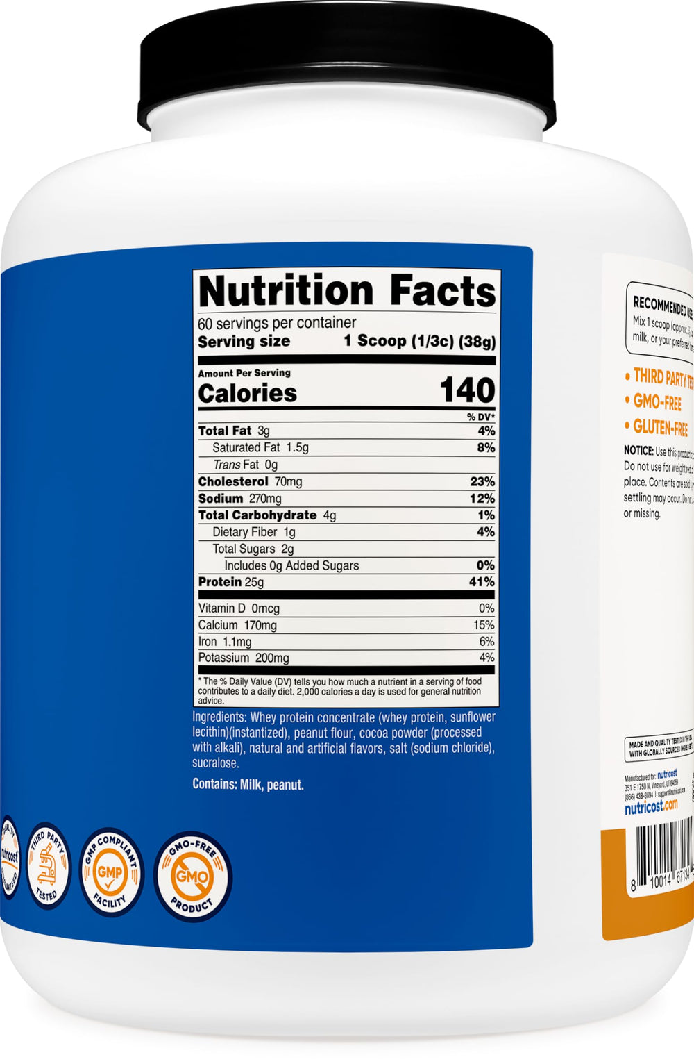 Nutricost whey protein on pantry shelf with gluten-free and non-GMO cues.