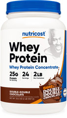 Nutricost Whey Protein Concentrate Shaq's Double Double Chocolate front label with rich flavor