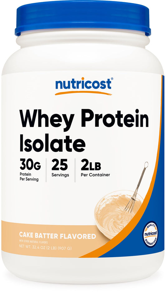Nutricost whey protein isolate cake batter tub for convenient high-protein shakes