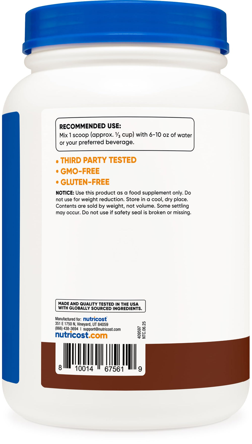 Close-up of Nutricost Chocolate Whey Isolate label highlighting natural flavors and quality