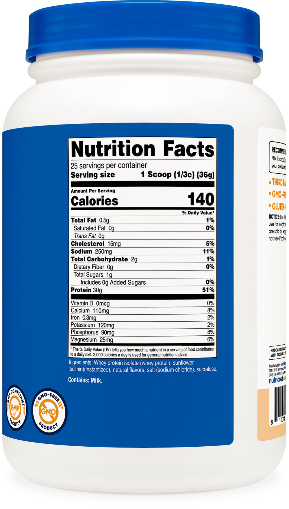 Nutricost manufacturing facility label shows GMP compliance and FDA registration