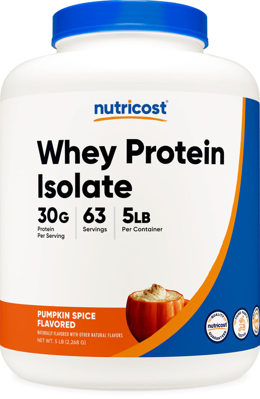 Nutricost pumpkin spice whey protein isolate tub front for a convenient post-workout protein option.