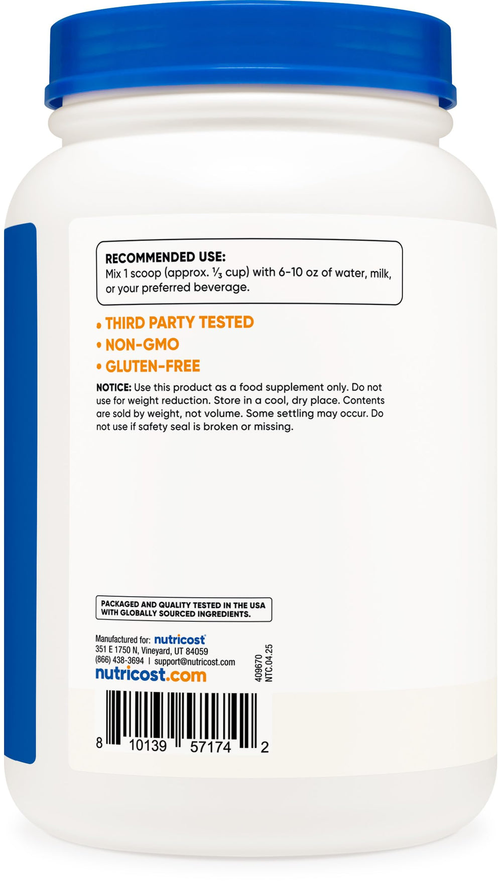 Nutricost Whey Protein Isolate tub closeup showcases pure, unflavored protein