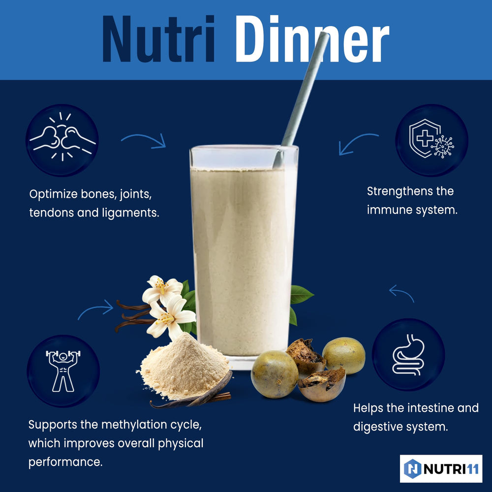 NutriDinner vanilla powder being poured into a creamy drink.