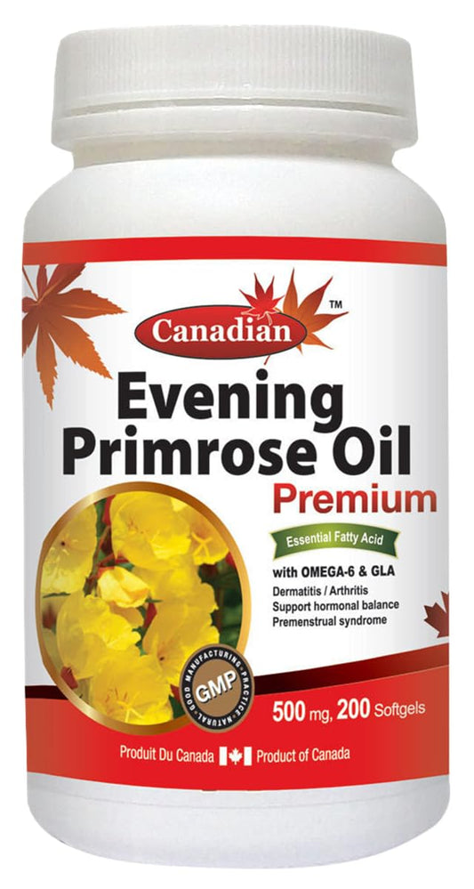 Nutridom Evening Primrose Oil bottle label with 500 mg softgels for daily wellness.