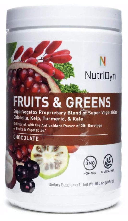 Nutri-Dyn Fruits and Greens bottle on kitchen counter supports daily antioxidant-rich routine.