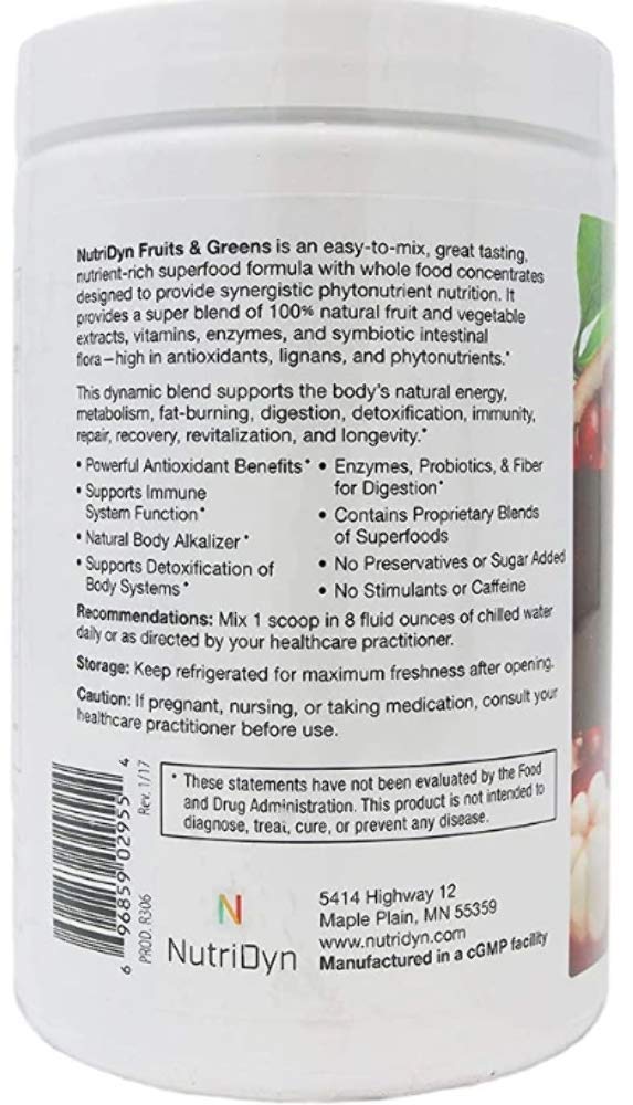 NutriDyn Fruits & Greens Berry ingredient panel highlights key greens and berries.