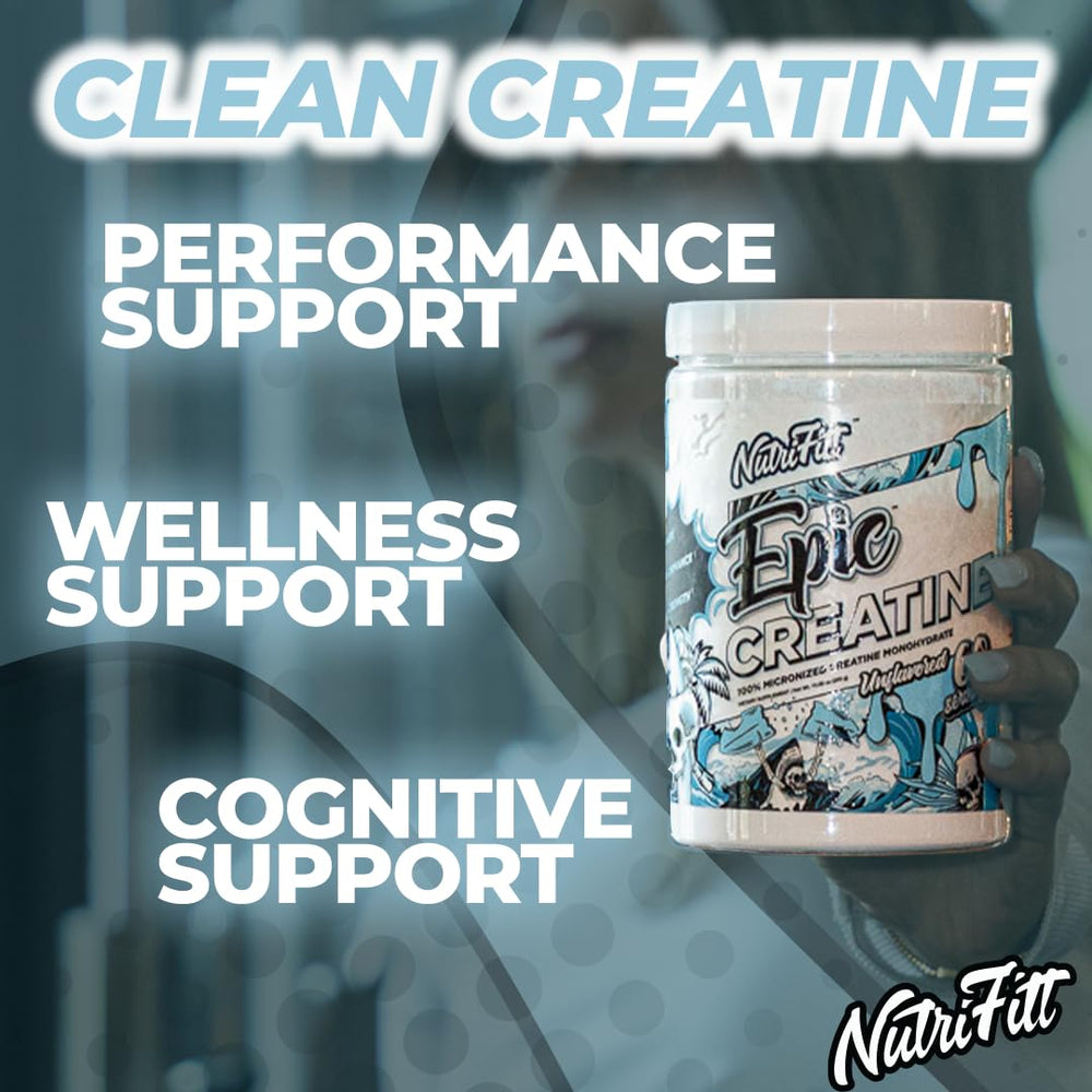 NutriFitt Creatine label close-up emphasizes purity and unflavored formula.