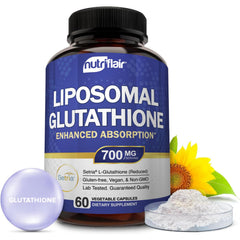 NutriFlair liposomal glutathione 700mg bottle front highlights premium Setria formula for daily antioxidant support.
