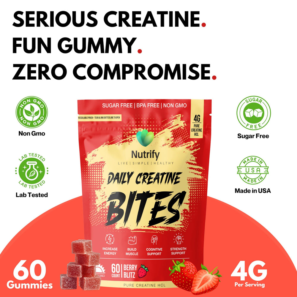 Nutrify Daily Creatine Gummies ingredients label highlights sugar-free formulation