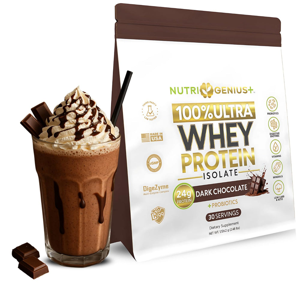 Nutrigenius+ bottle chocolate highlights a premium whey formula for muscle recovery and flavor.