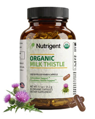 Nutrigent milk thistle bottle with organic seal for natural liver support.