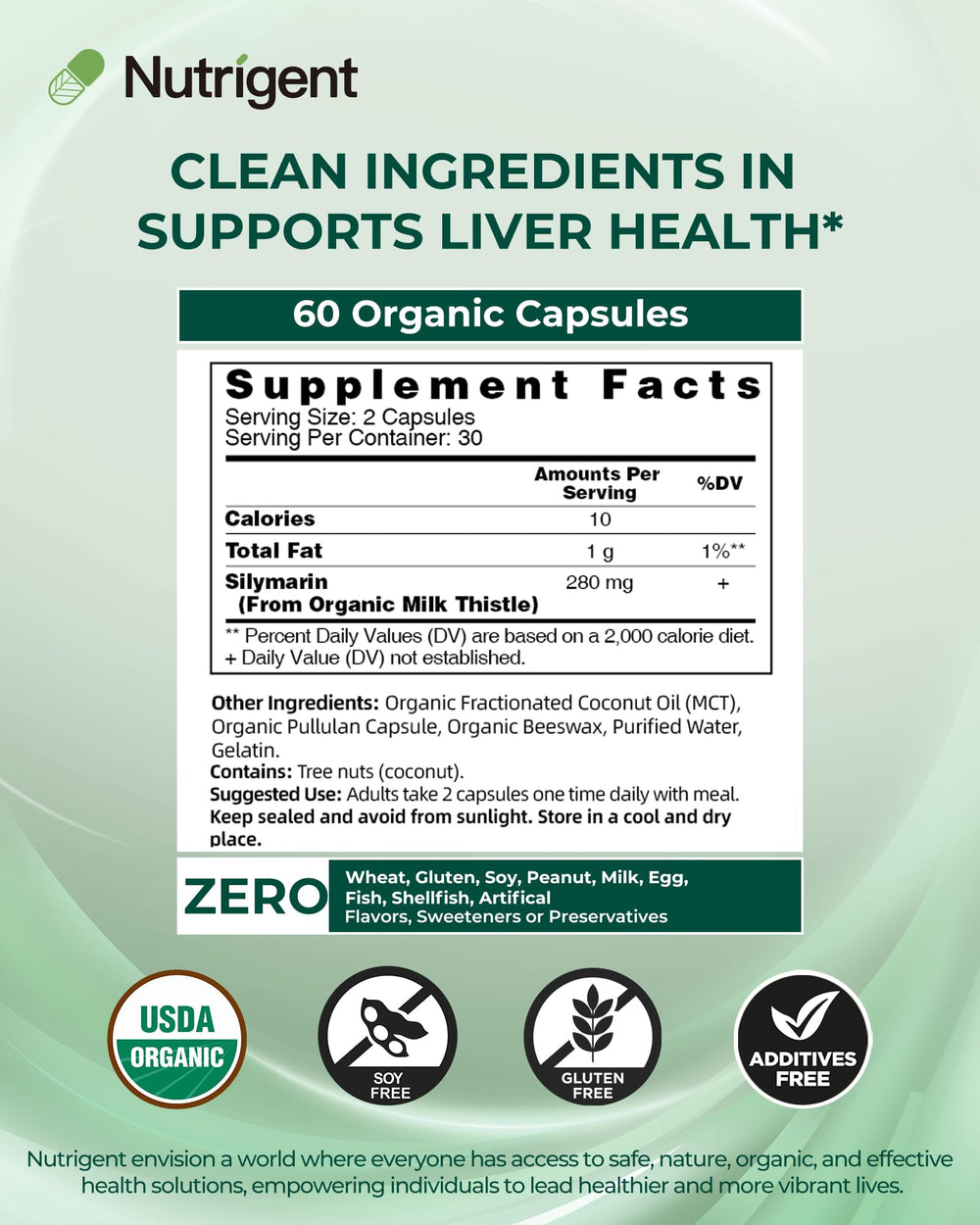 Nutrigent milk thistle organic seal emphasizes clean, plant-based supplement.