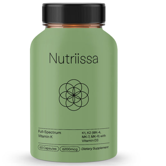 Nutriissa full-spectrum K bottle with D3 showing bone health potential.