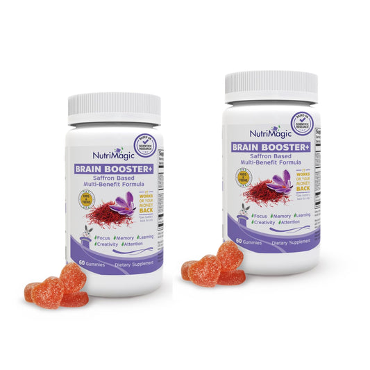 NutriMagic Brain Booster saffron gummies close-up with strawberry flavor for focus support.