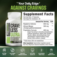 Close-up of Crave Less Ultra label highlighting appetite support.