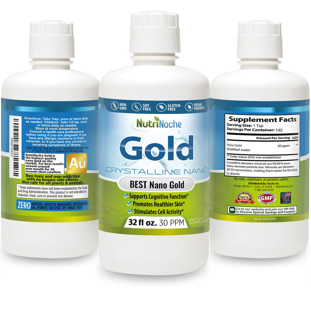 NutriNoche colloidal gold bottle with glass of water, framed for daily ritual.