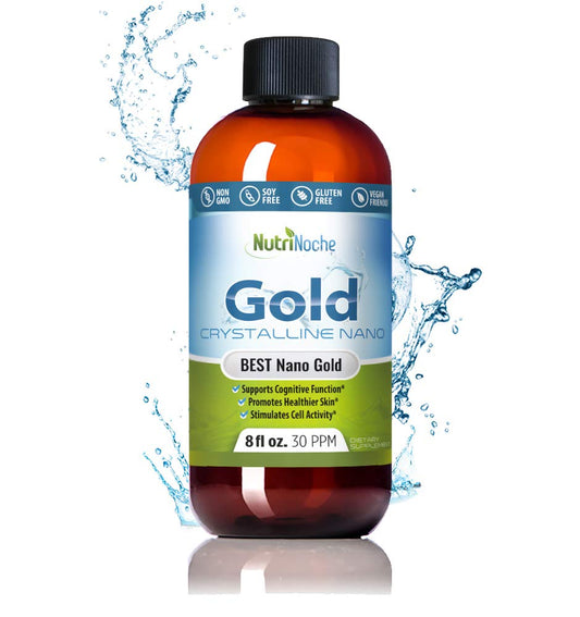 NutriNoche colloidal gold liquid bottle highlights premium crystalline formula for daily focus