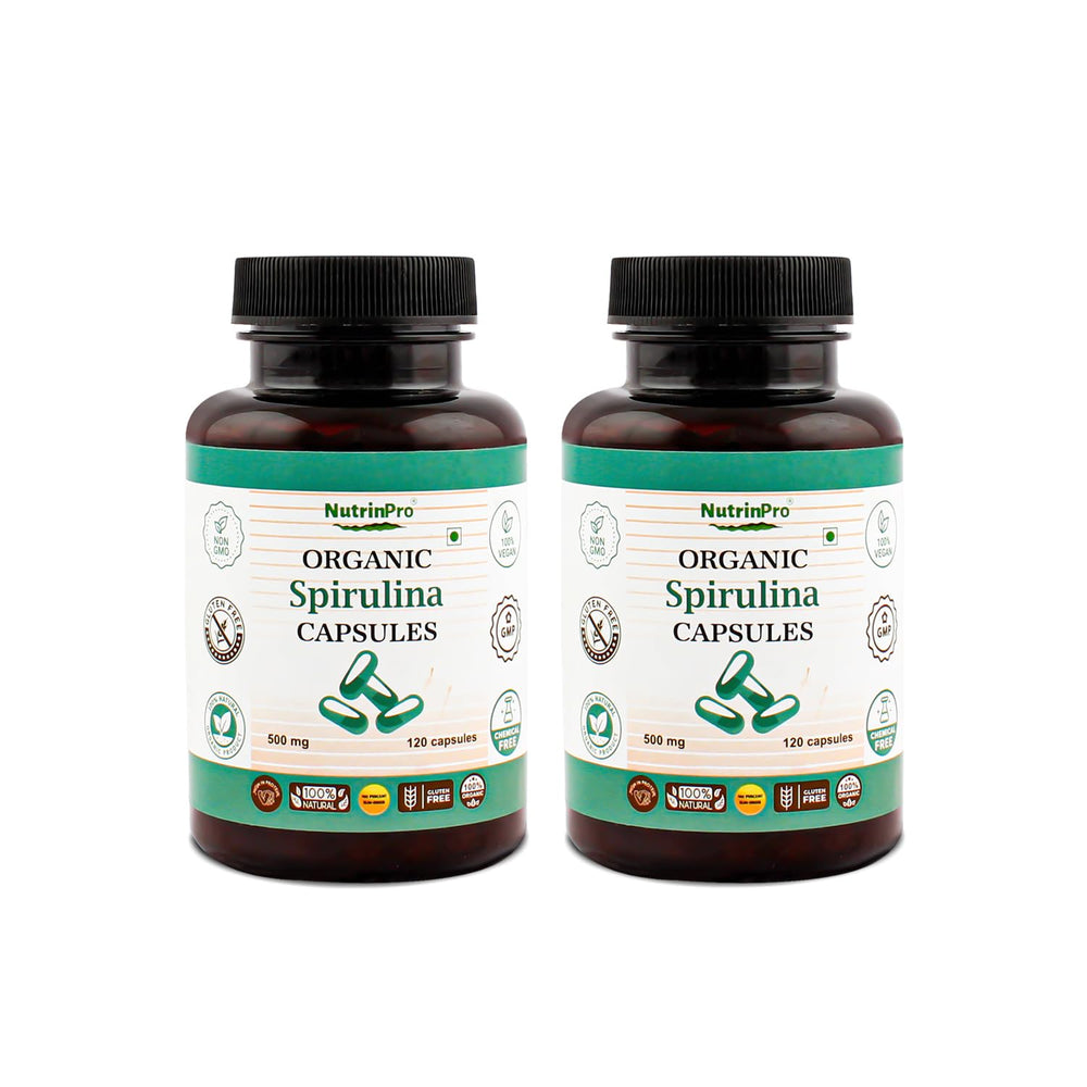 NUTRINPRO spirulina capsules bottle front, showcasing organic vegan supplement for daily energy support.