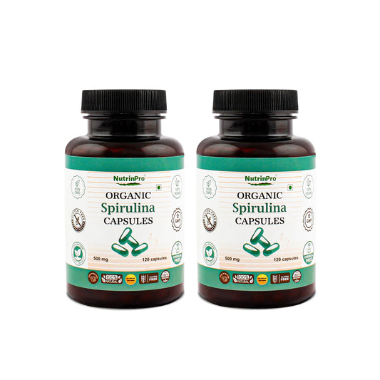 NUTRINPRO spirulina capsules bottle front, showcasing organic vegan supplement for daily energy support.