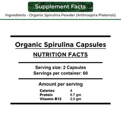 NUTRINPRO spirulina capsules bottle side, highlighting non-GMO and gluten-free vegan nutrition.