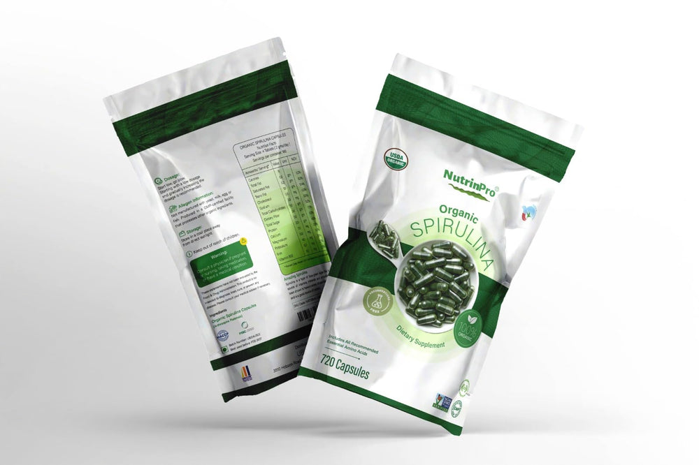 NUTRINPRO spirulina capsules on gym bag shelf for post-workout support.