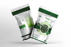 NUTRINPRO spirulina capsules on gym bag shelf for post-workout support.
