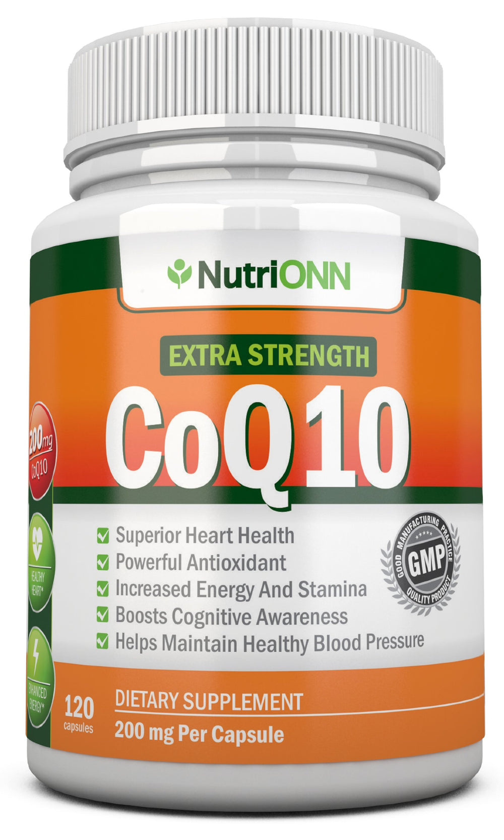 NutriONN CoQ10 200mg bottle front offers a four-month supply for energy support.