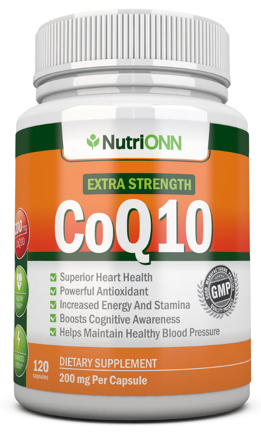 NutriONN CoQ10 200mg bottle front offers a four-month supply for energy support.