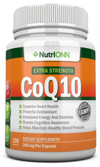 NutriONN CoQ10 200mg bottle front offers a four-month supply for energy support.
