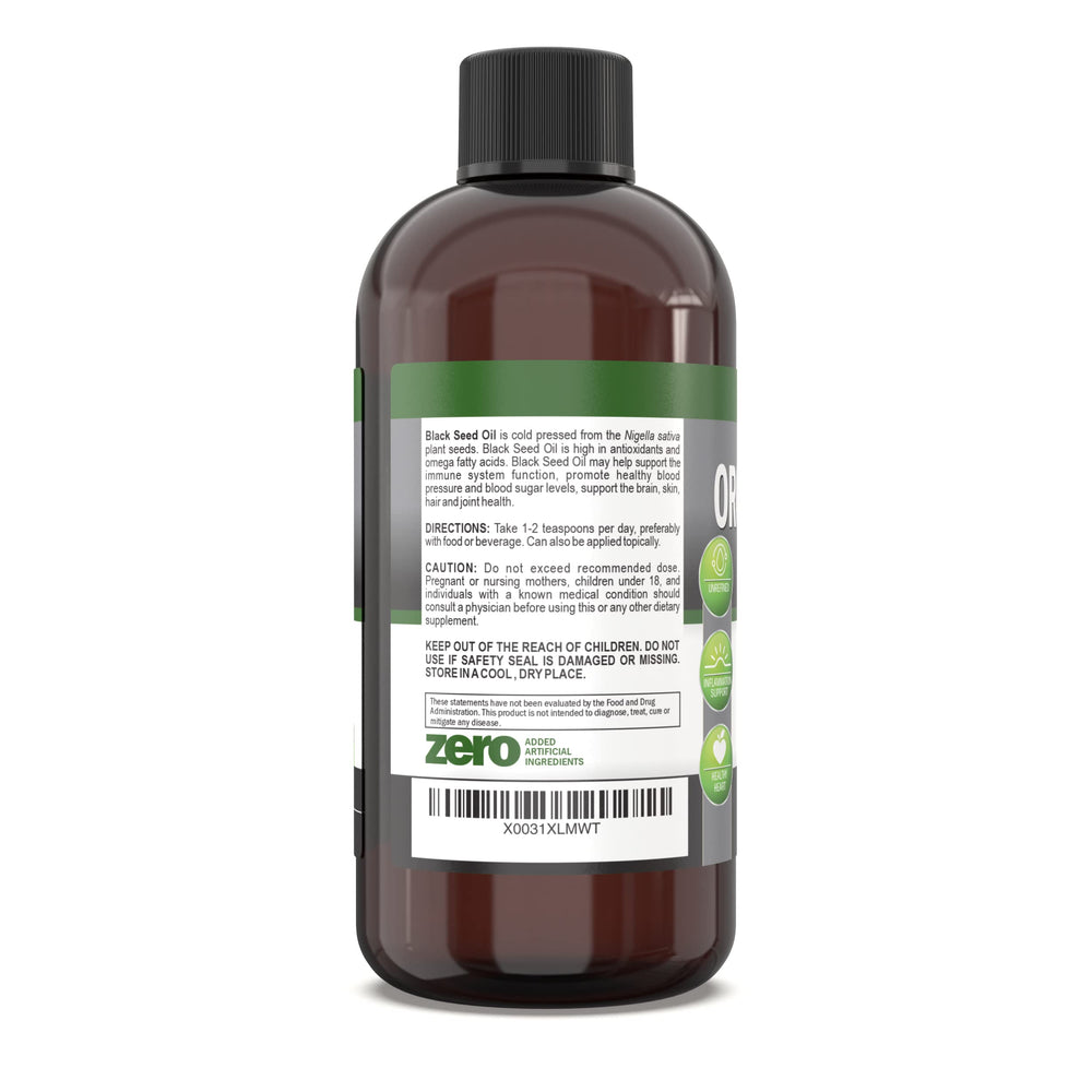Thymoquinone rich formula badge and percentage on bottle.