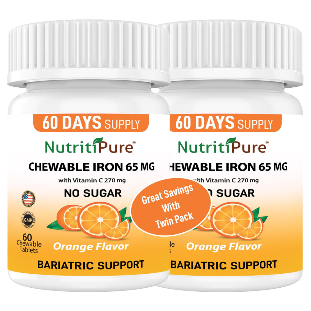 NutritiPure orange-flavored chewable iron tablet closeup for easy daily use