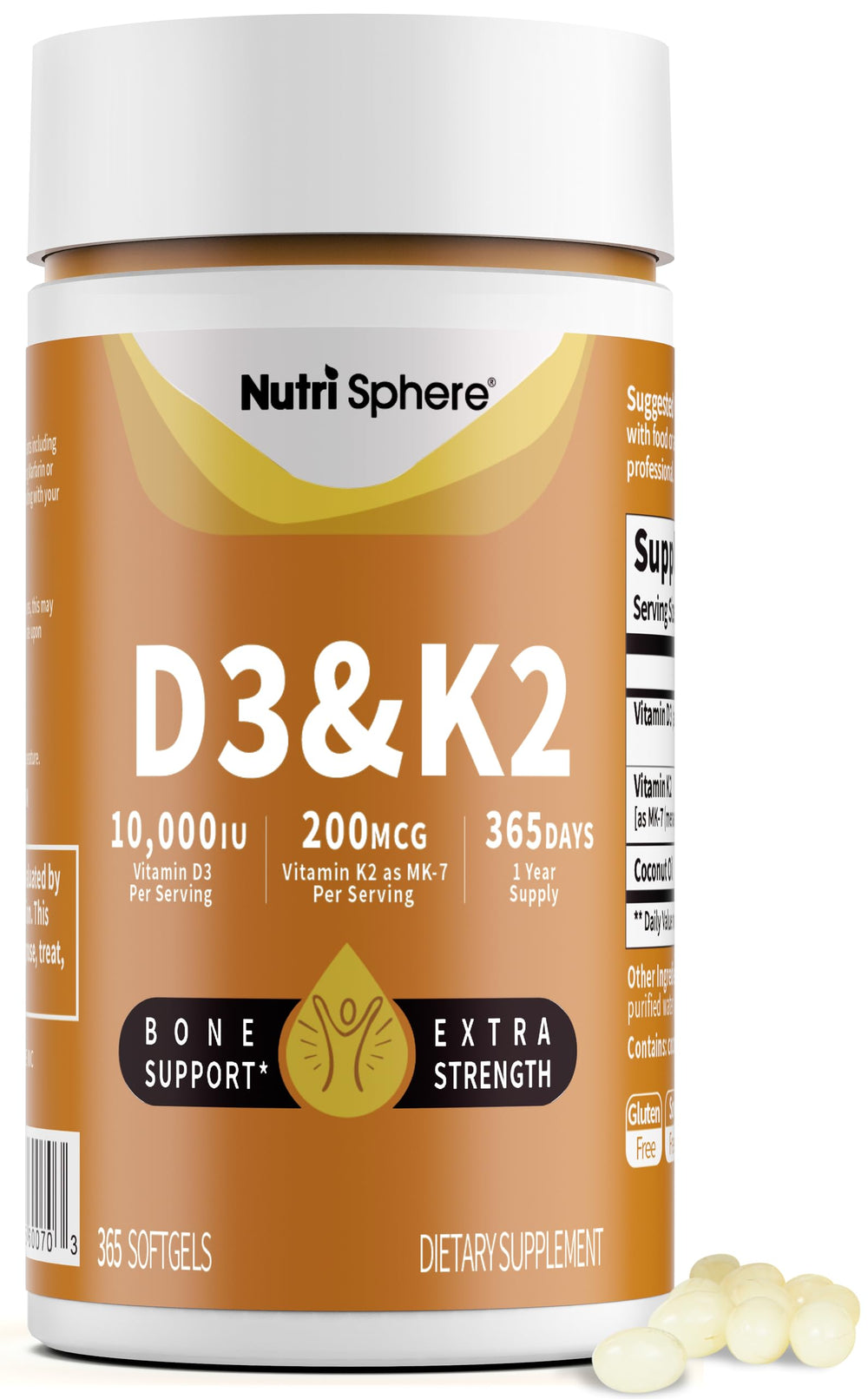 NutriSphere Vitamin D3 & K2 bottle pour shows calcium utilization support.