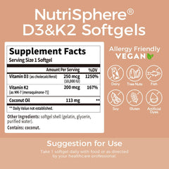 NutriSphere Vitamin D3 & K2 label close-up, vegan ingredients highlighted.