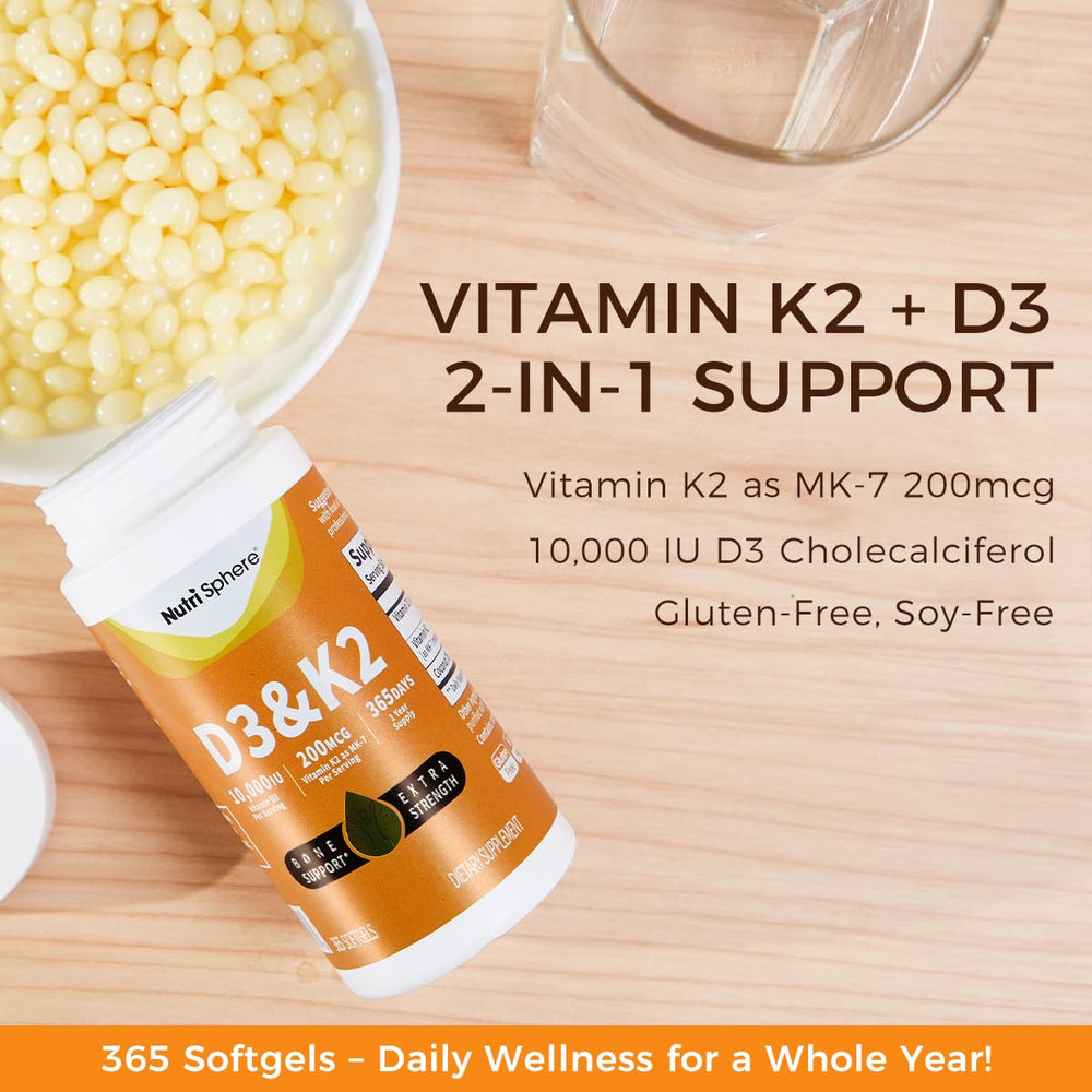 NutriSphere Vitamin D3 & K2 packaging highlights a full-year supply.