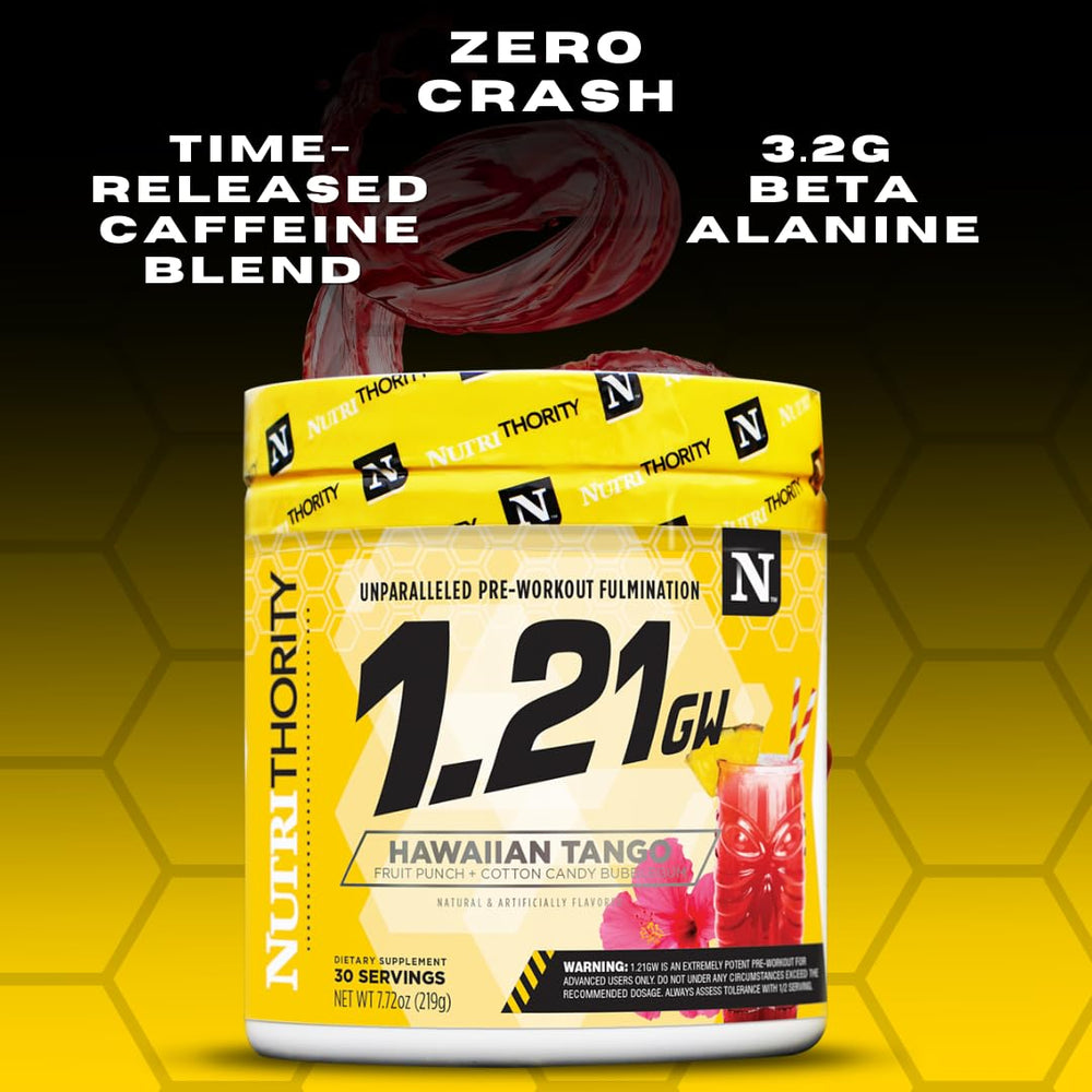 Close-up of Nutrithority 1.21gw label highlighting beta-alanine and stimulant blend.