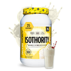 Nutrithority Isothority whey bottle pour for post-workout protein support