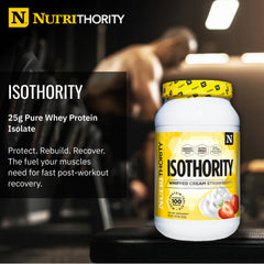 Nutrithority Isothority whey powder close-up showing ultra-bioavailable protein.