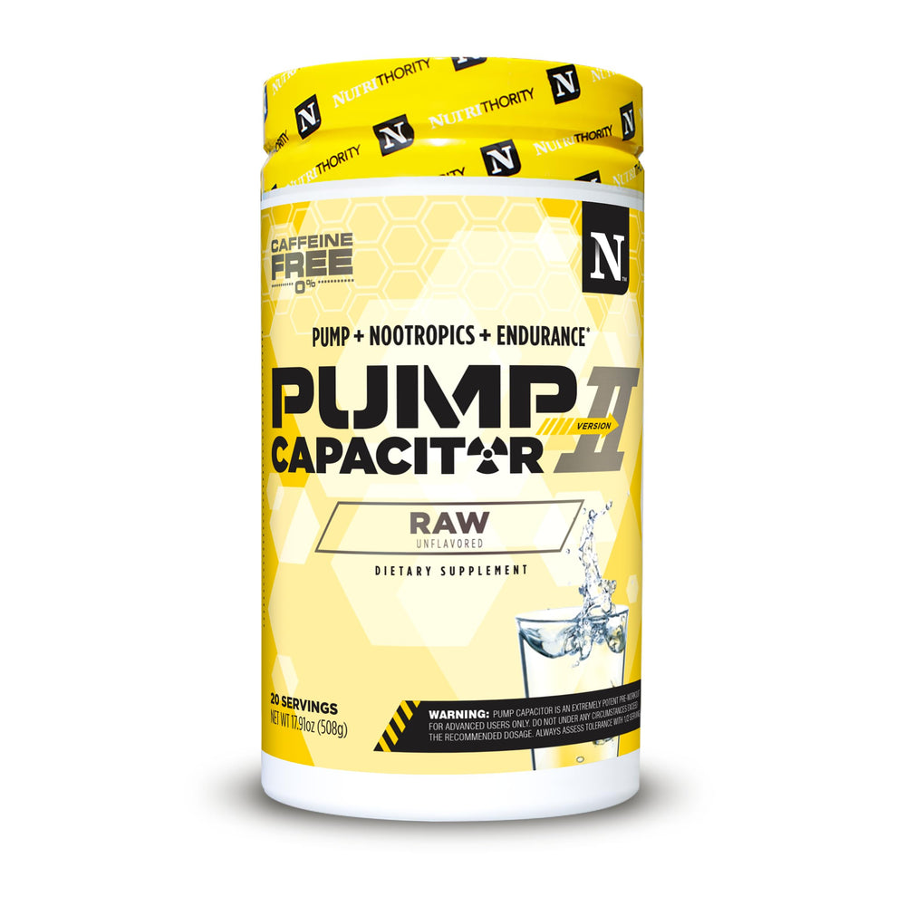 Nutrithority Pump Capacitor bottle shows caffeine-free pre-workout for focused pumps.