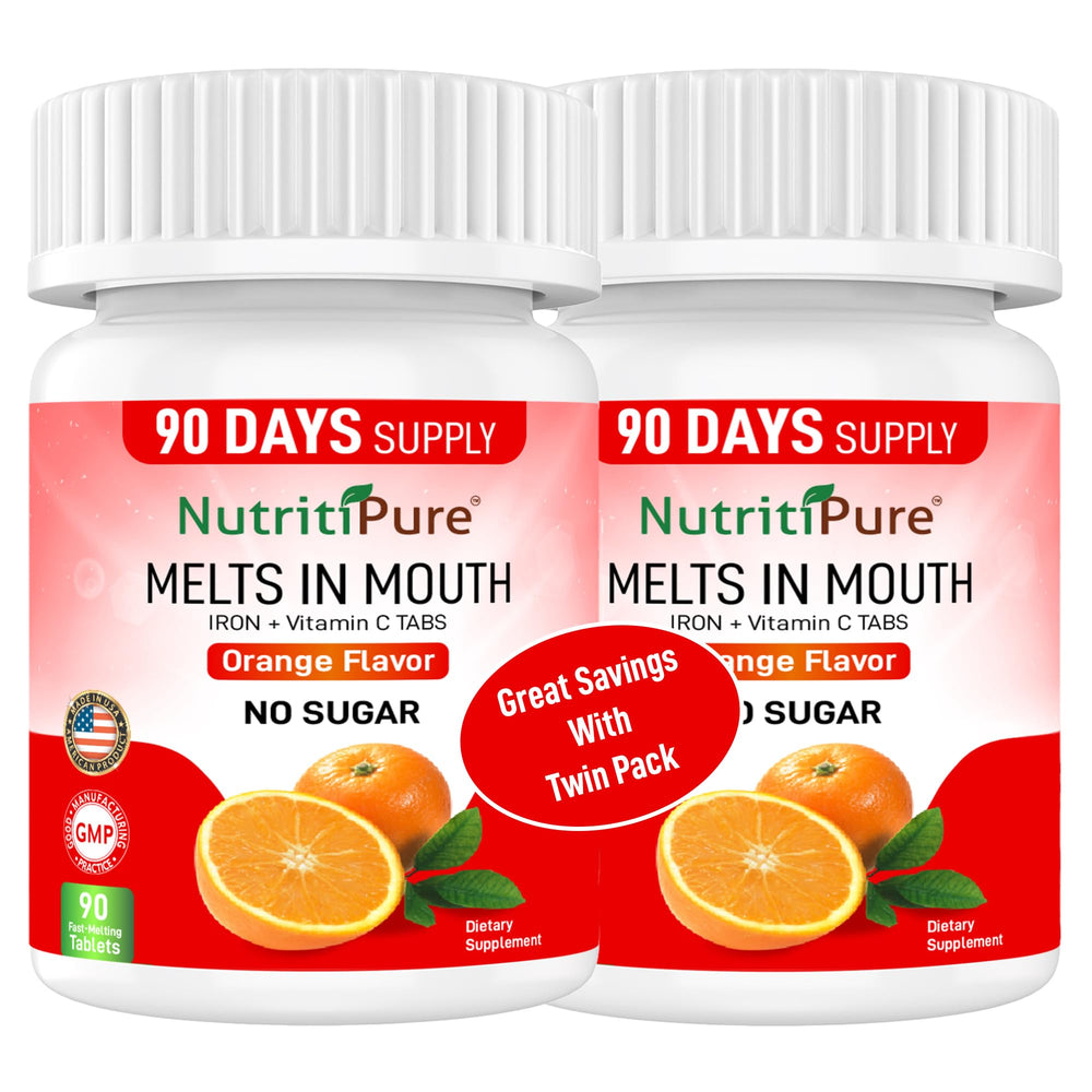 NutritiPure orange flavor bottle with quick-dissolving iron tablets for on-the-go support.