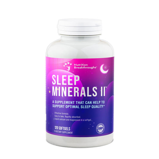 Nutrition Breakthroughs Sleep Minerals II bottle with softgels promotes restful sleep without melatonin.