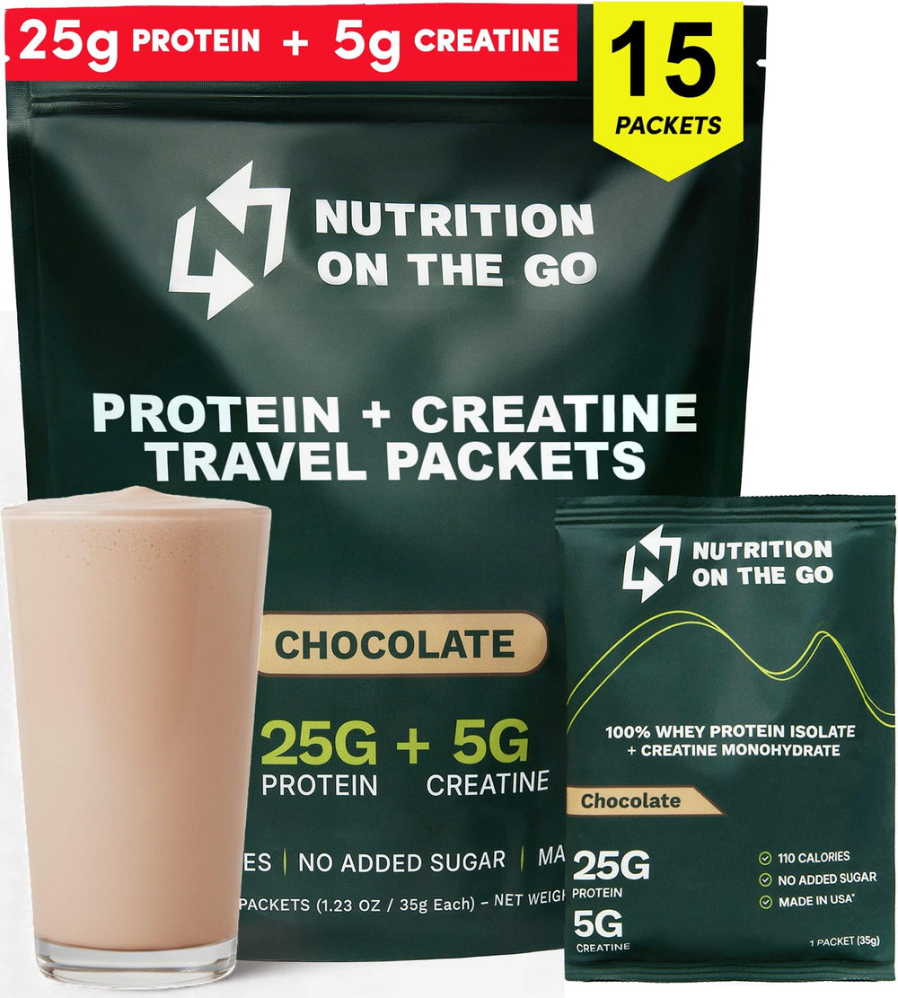 Nutrition On The Go whey protein isolate packets chocolate front view for quick fueling on the go.