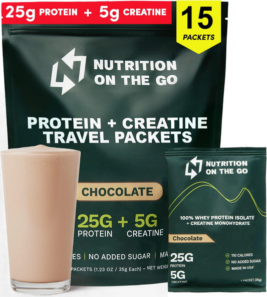 Nutrition On The Go whey protein isolate packets chocolate front view for quick fueling on the go.